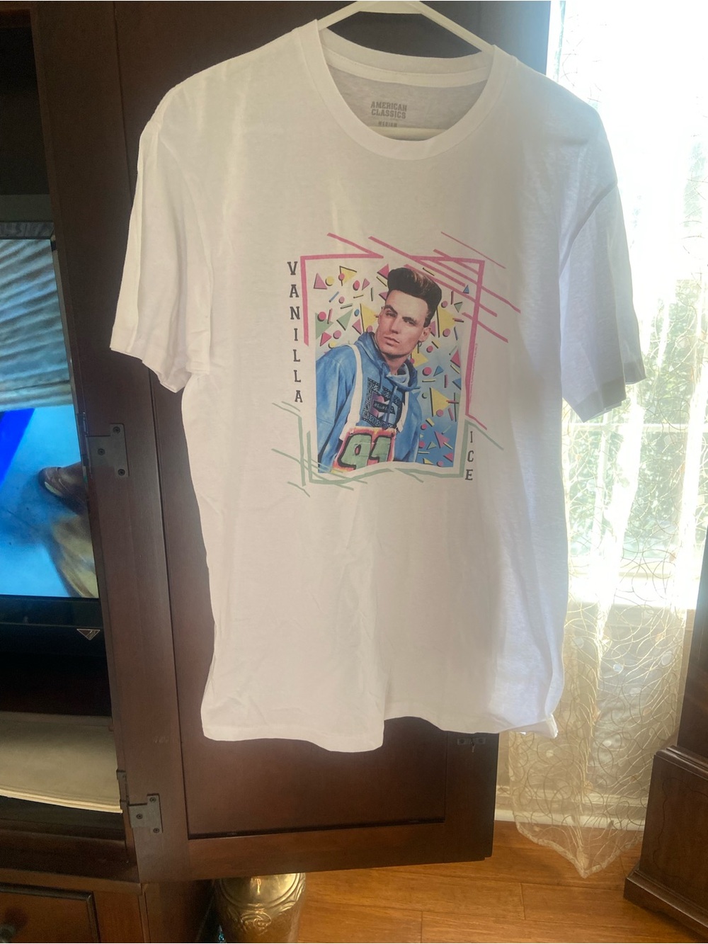 White Graphic Crew Neck Tee with Retro Portrait Print